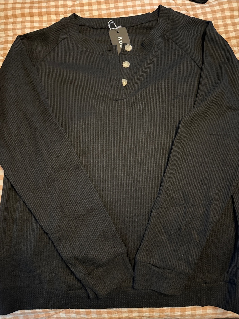 A New Day Black Ribbed Henley Long-Sleeve Top